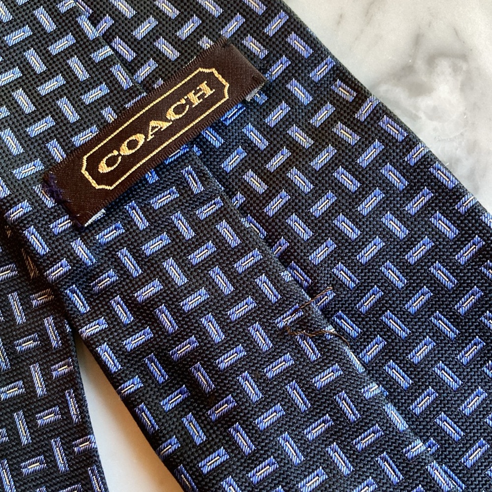 Coach Silk Necktie Blue With Geometric Pattern